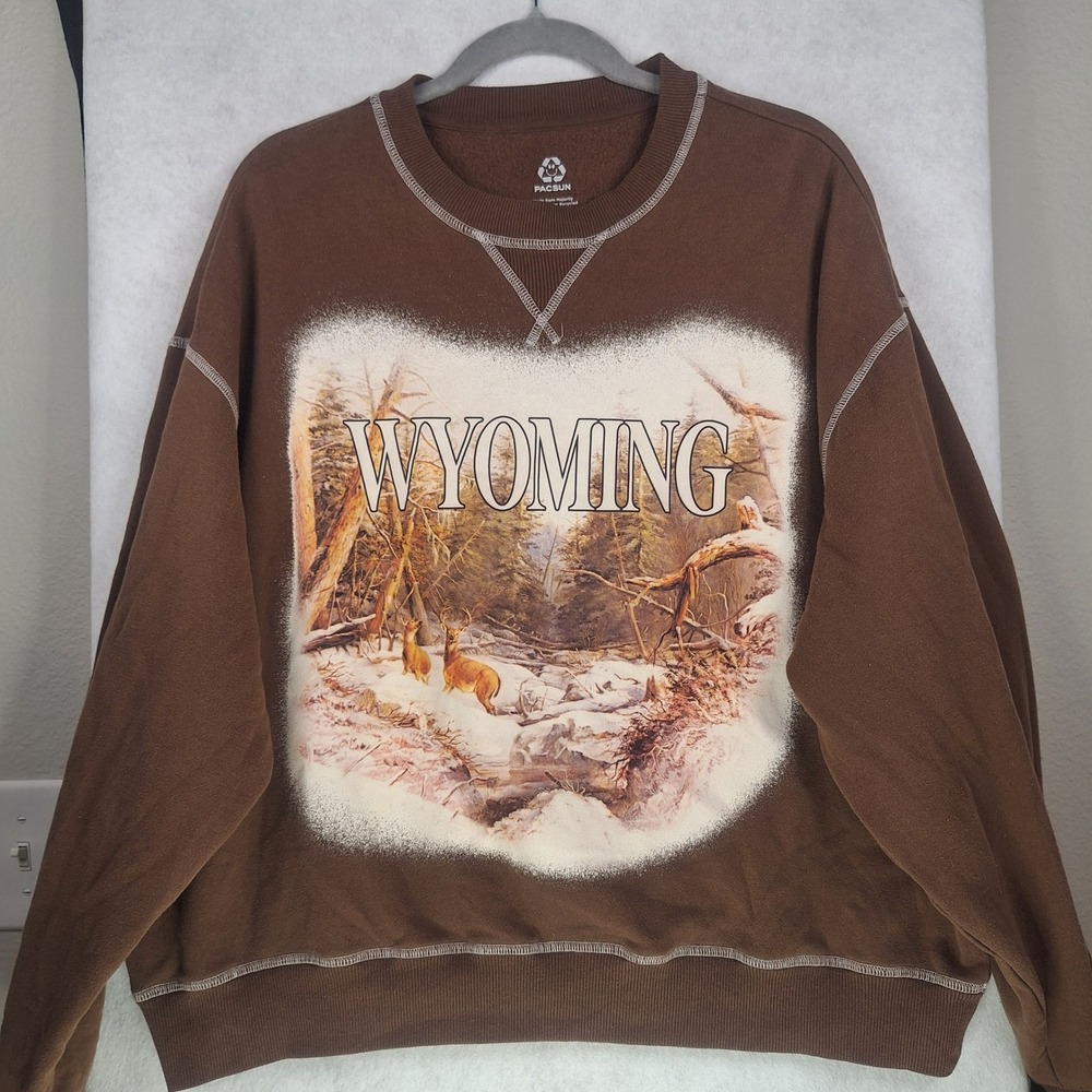 PacSun Sweatshirt Womens Medium Brown Deer Graphic Wyoming Crewneck Cabin 50/50